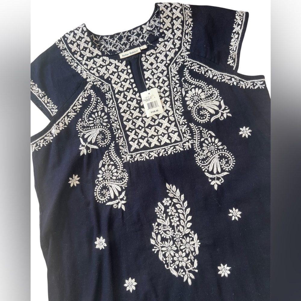 New w/ Tags Roller Rabbit Embroidered Dress Faith Size L Blue White Cotton - Picture 3 of 15